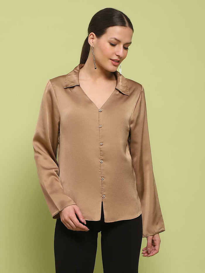 Madame Satin Bell Sleeve Collared Solid Golden Yellow Top