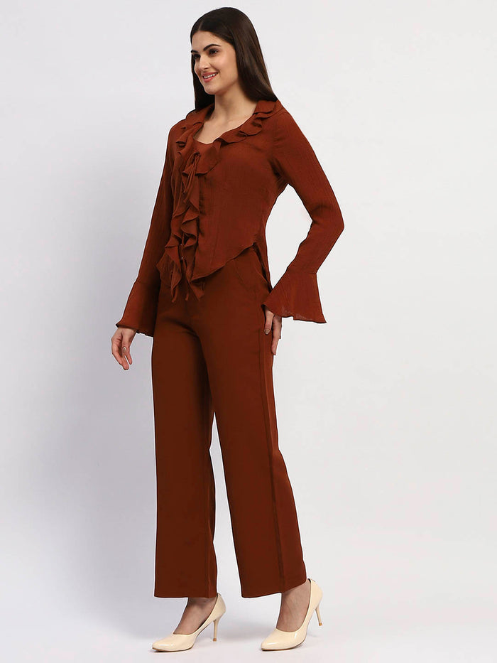 Madame Solid Rust Ruffle Neck Bell Sleeve Top