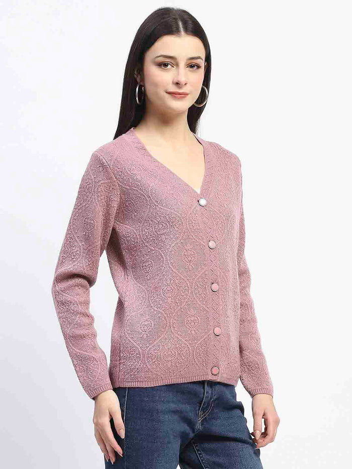 Madame V Neck Buttoned Onion Pink Cardigan