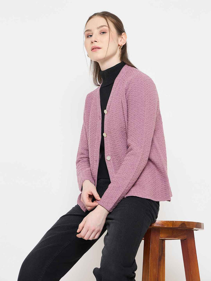 Madame V-Neck Pink Cardigan with  Buttons