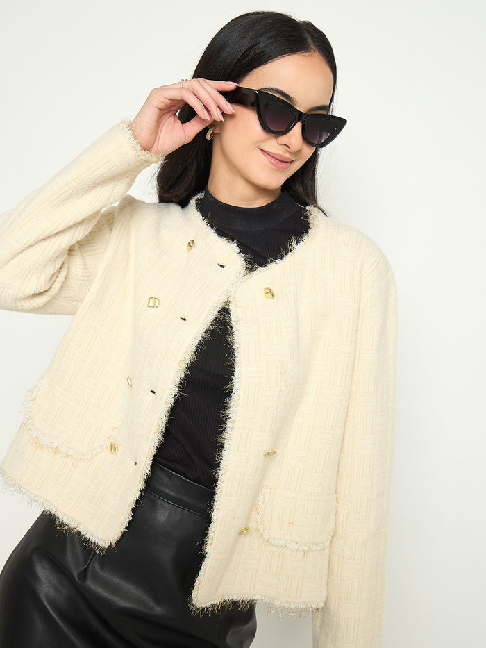 Madame White Cardigan with Buttons and front pockets