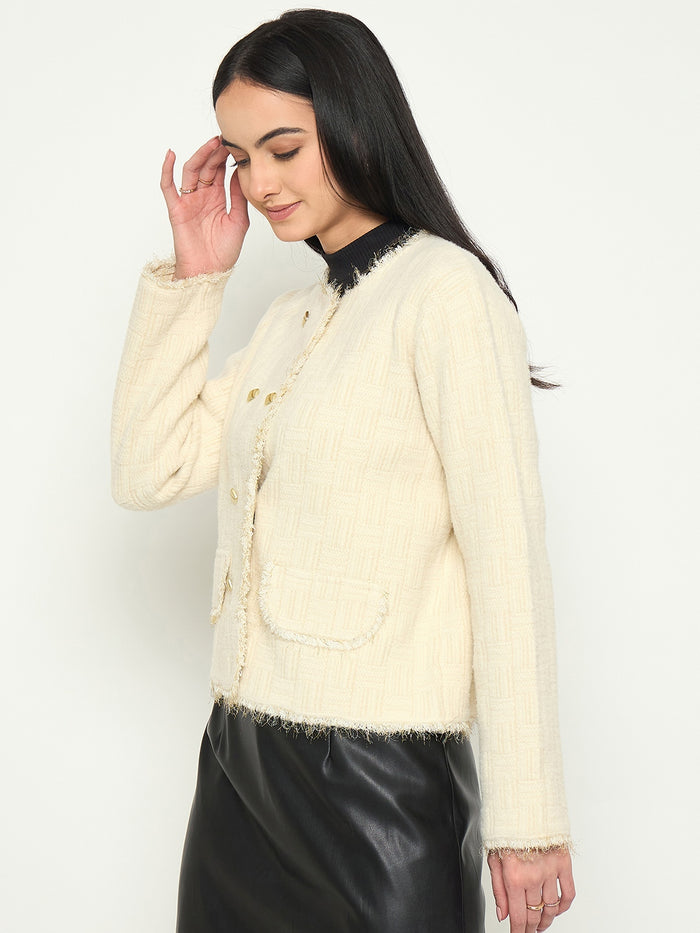 Madame White Cardigan with Buttons and front pockets
