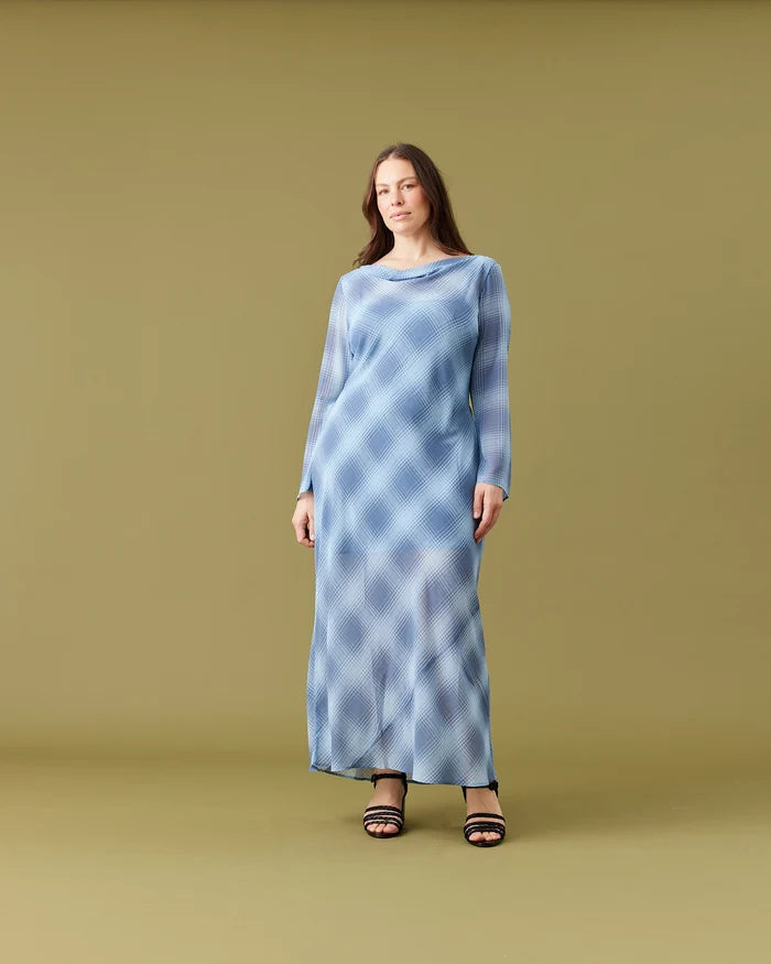 MADRID LONG SLEEVE DRESS BLUE TARTAN