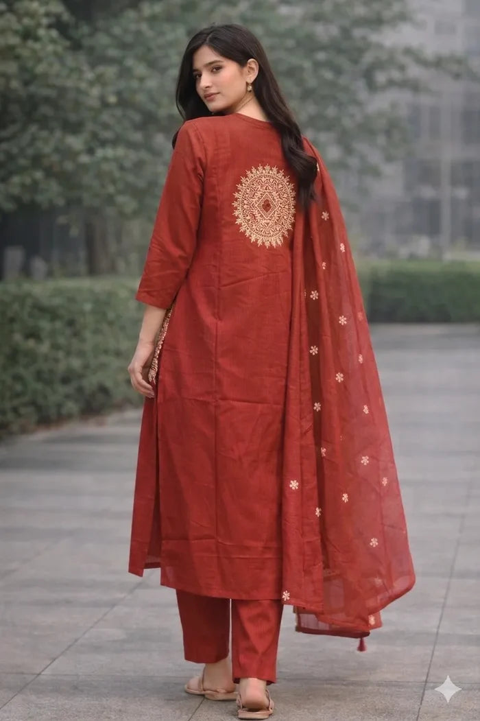 A woman wearing a Rust traditional outfit with intricate patterns outdoors.