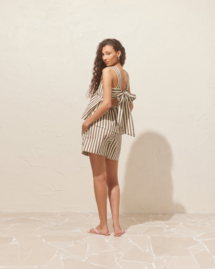 MARGIE TIE-BACK TOP BROWN BUTTER STRIPE