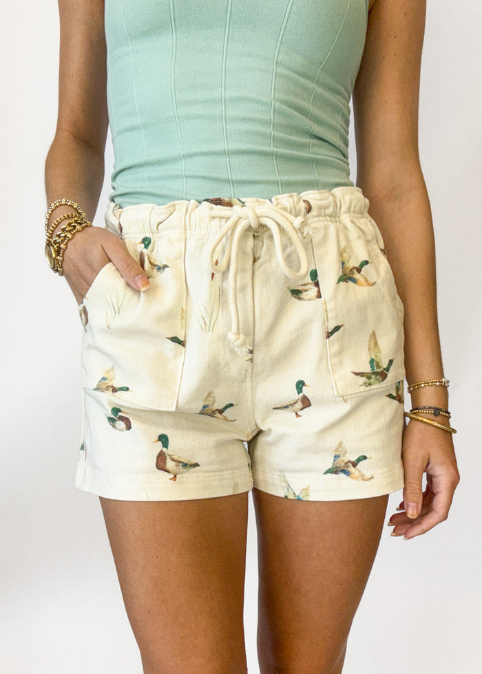 Person wearing cream shorts with duck pattern and light green top on white background