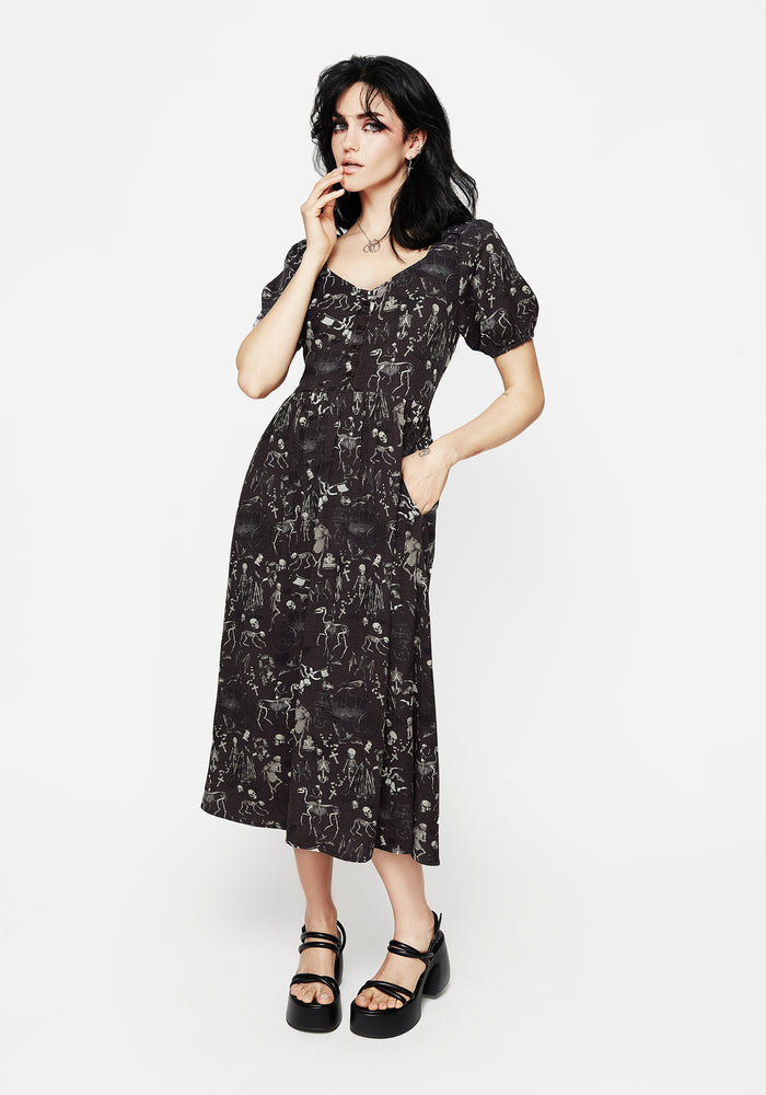 Melancholia Button Detail Puff Sleeve Midi Dress