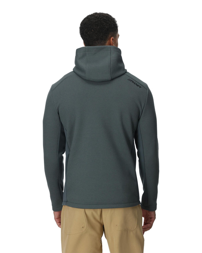 Person wearing a dark gray hoodie with a white background