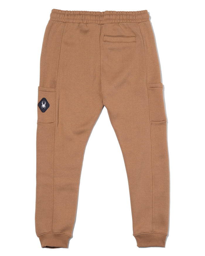 Brown jogger pants with a small logo on a white background