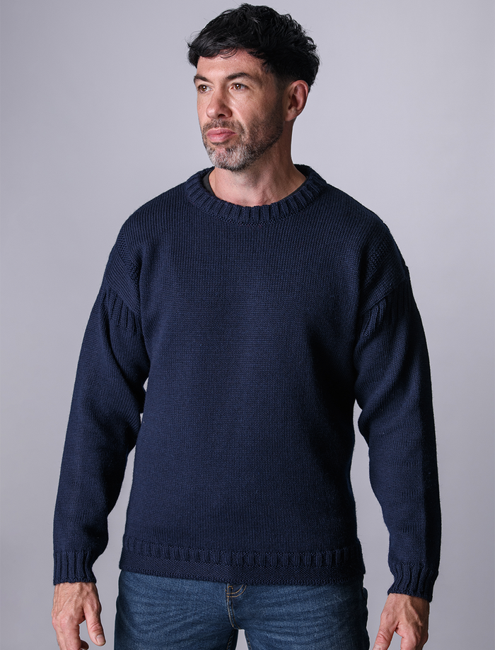 Mens Crew Neck Guernsey Sweater - Navy #color_navy