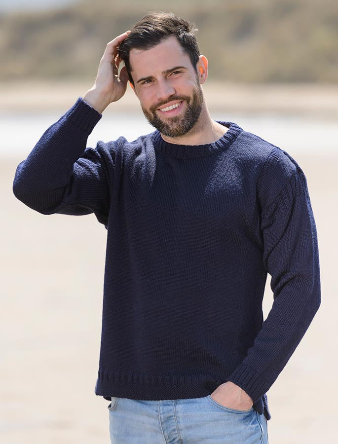 Mens Crew Neck Guernsey Sweater - Navy #color_navy