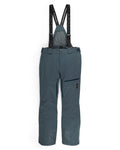 Dark gray pants with black suspenders on a white background