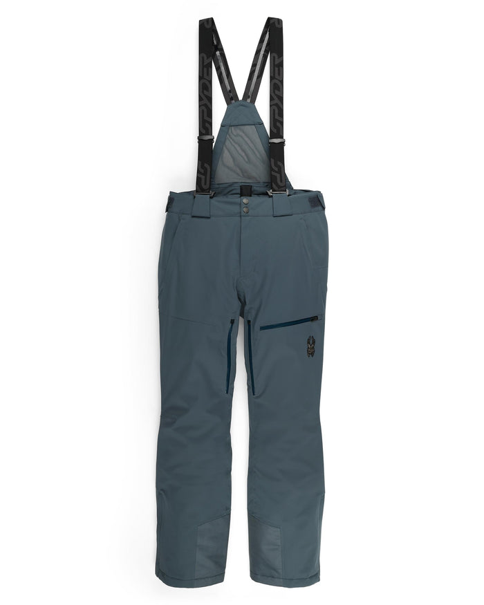 Dark gray pants with black suspenders on a white background