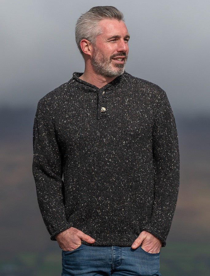 Men's Donegal Tweed 2 Button Sweater - Black #color_black