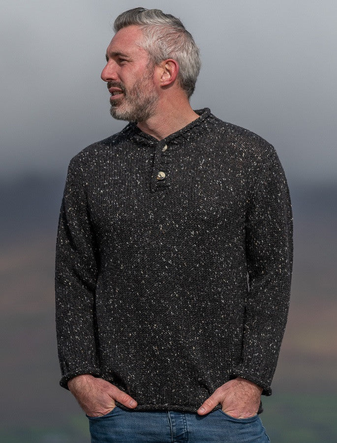 Men's Donegal Tweed 2 Button Sweater - Black #color_black