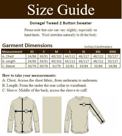 Men's Donegal Tweed 2 Button Sweater - Size Guide
