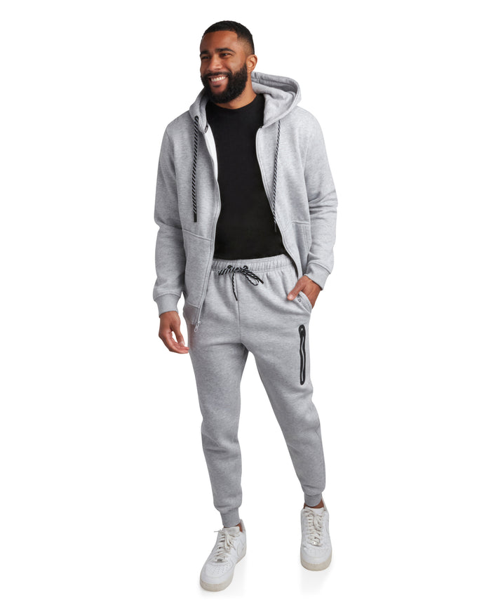 Mens Fleece Full Zip Jogger Set - Heather Grey