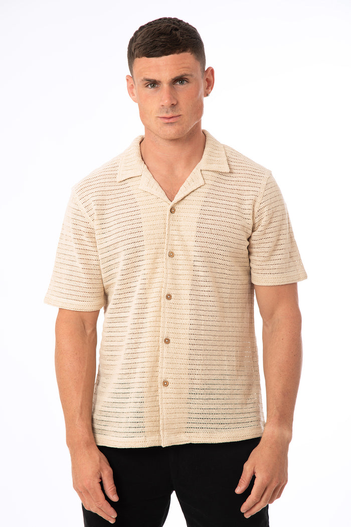 Men's Horizontal Crochet Knit Revere Collar Shirt