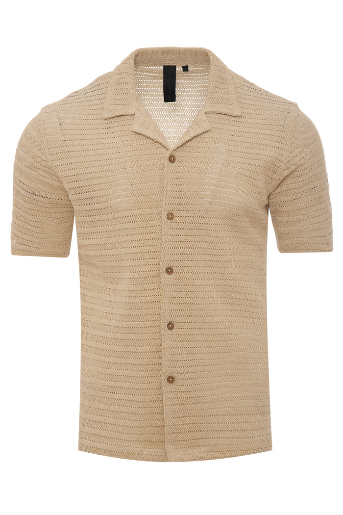Men's Horizontal Crochet Knit Revere Collar Shirt
