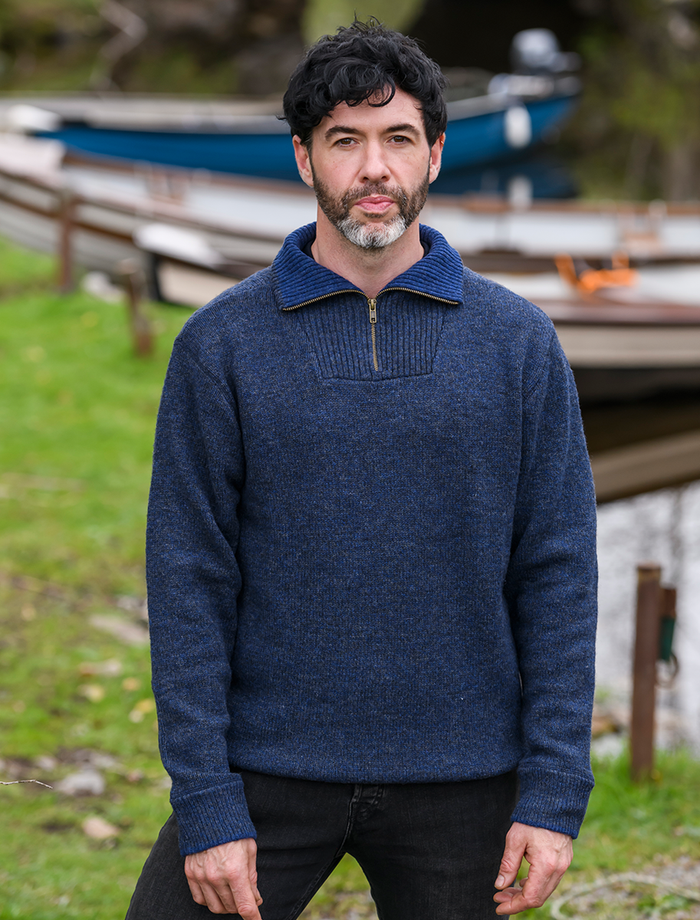 Mens Half Zip Irish Wool Sweater - Navy #color_navy