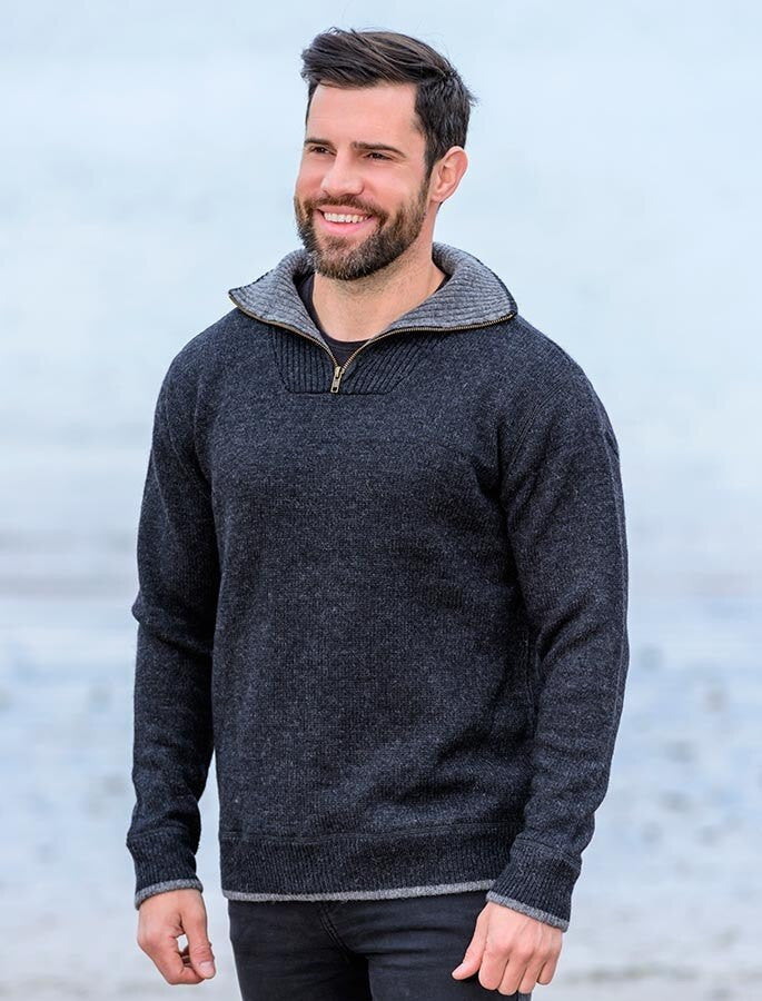 Mens Half Zip Wool Sweater - Charcoal #color_charcoal