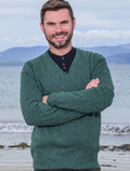 Mens Lambswool V-Neck Sweater - Green Melange #color_green-melange