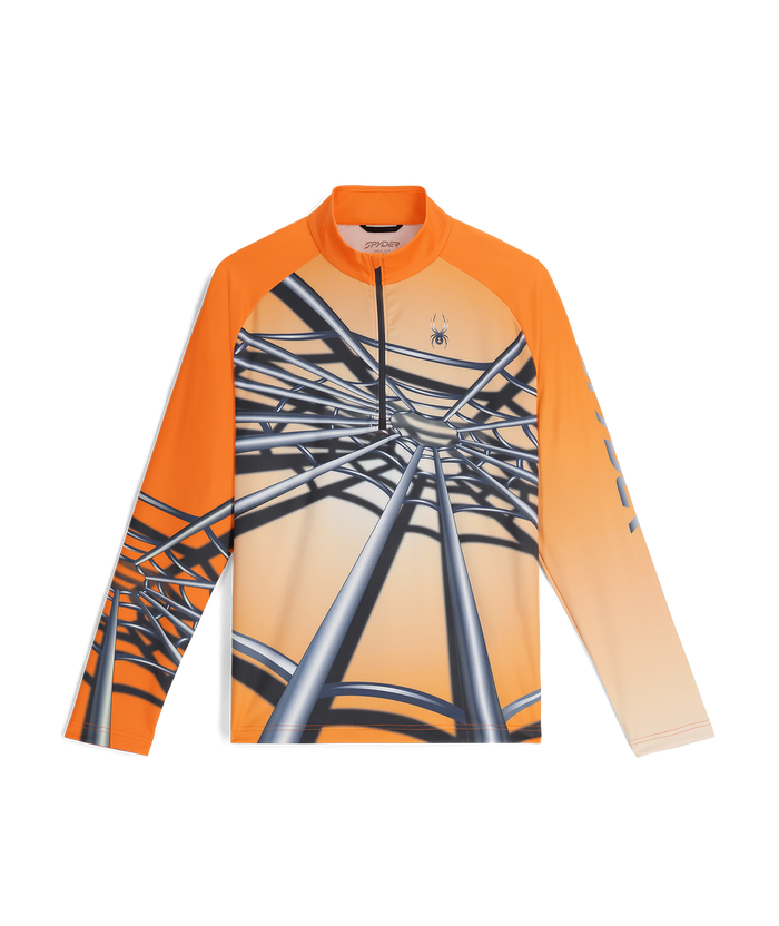 Orange long-sleeve shirt with a unique design on a white background