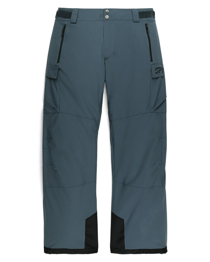 Blue snow pants with black accents on a white background