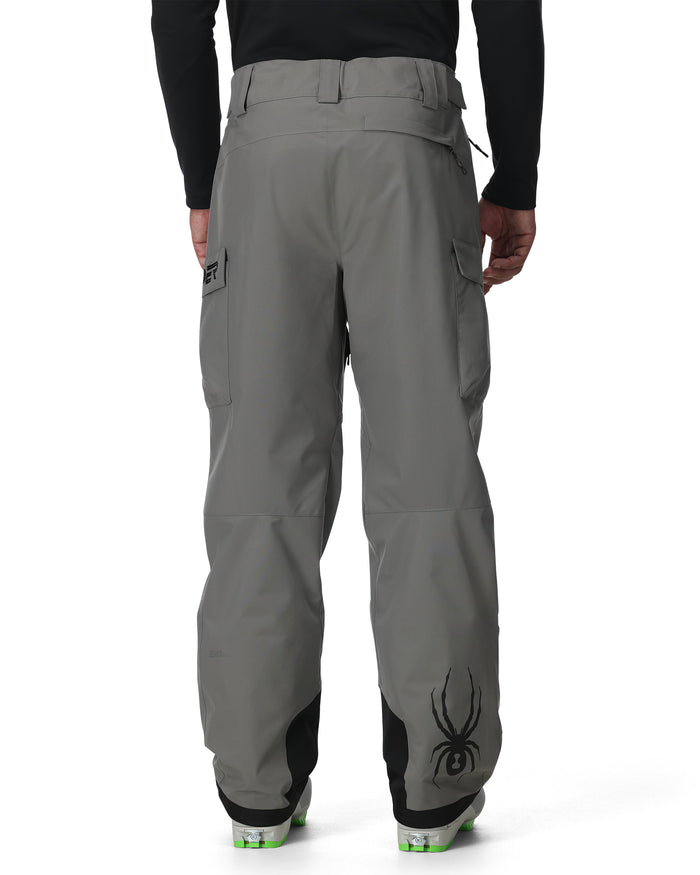 Gray pants with a brand logo on a white background