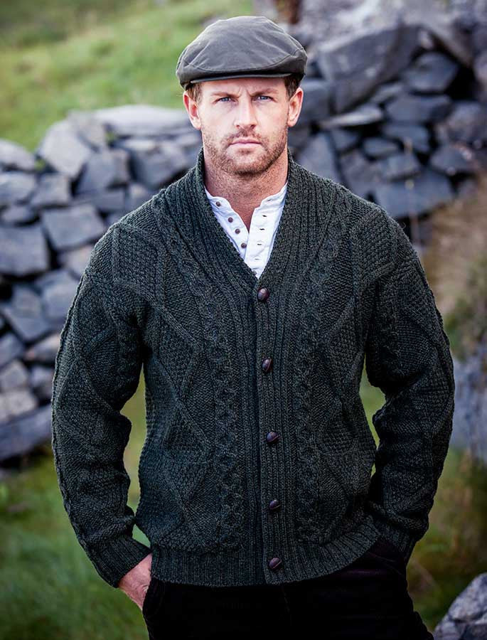 Men's Shawl Neck Cardigan - Merino Wool - Army Green #color_army-green