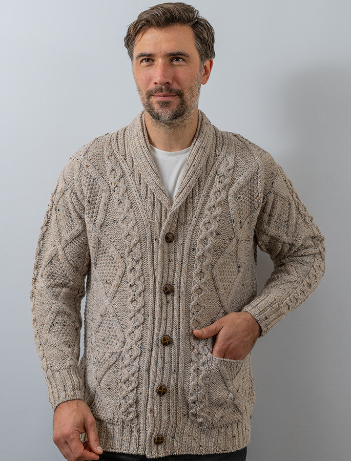 Men's Shawl Neck Diamond Cardigan - Oatmeal #color_oatmeal