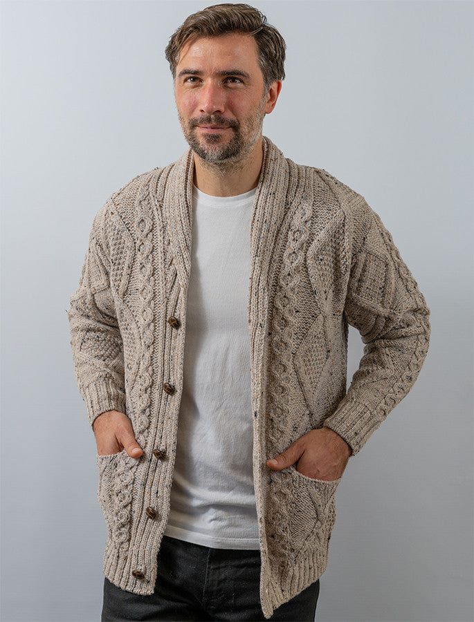 Men's Shawl Neck Diamond Cardigan - Oatmeal #color_oatmeal