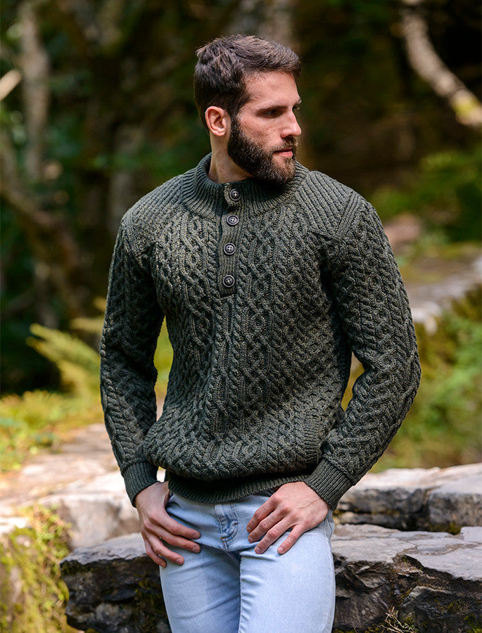 Merino Button Neck Aran Troyer - Charcoal #color_army-green