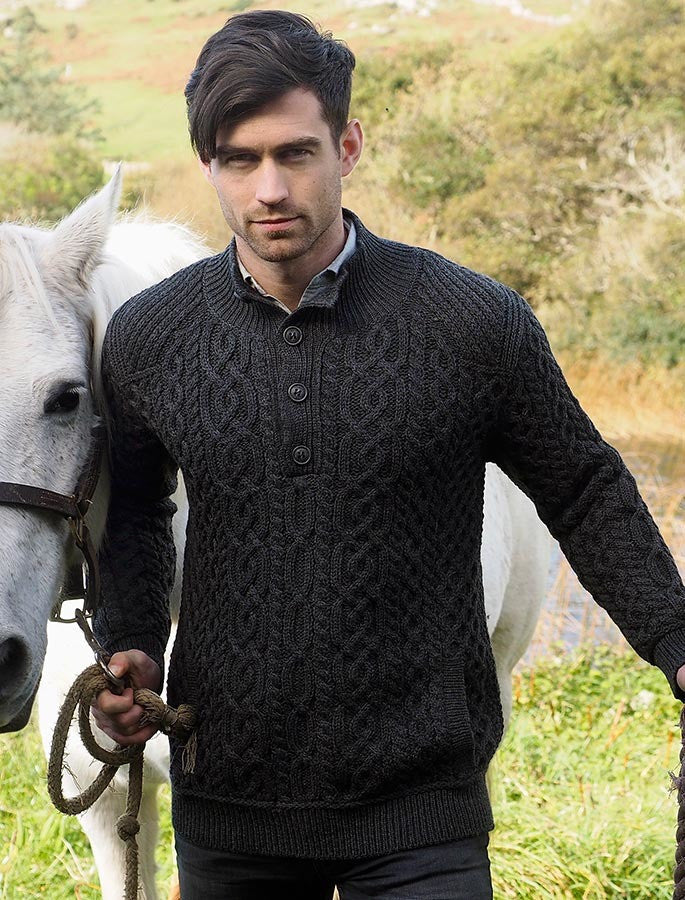 Merino Button Neck Aran Troyer - Charcoal #color_charcoal