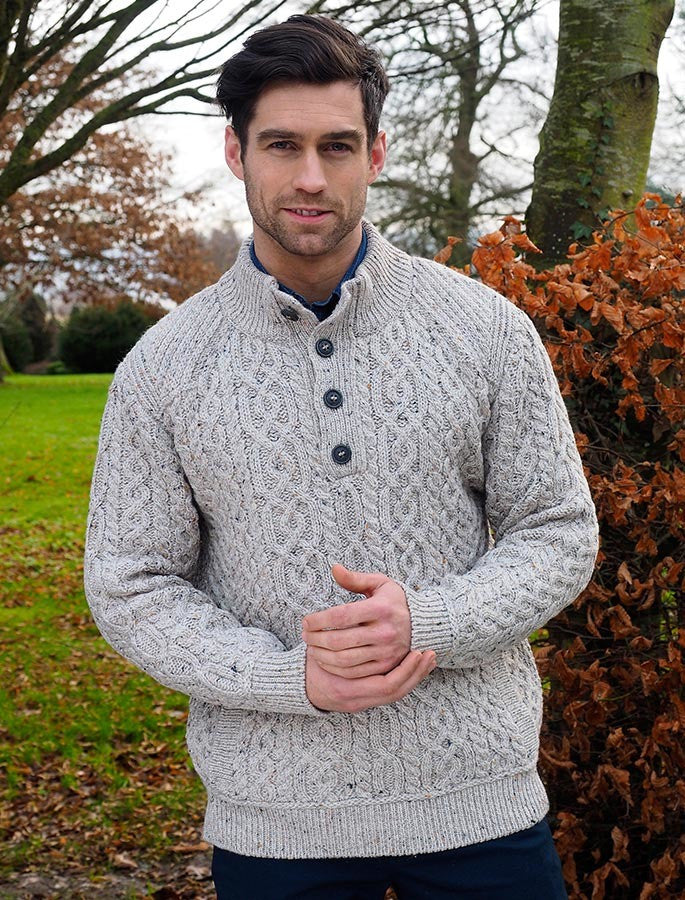 Merino Button Neck Aran Troyer - Oatmeal #color_oatmeal