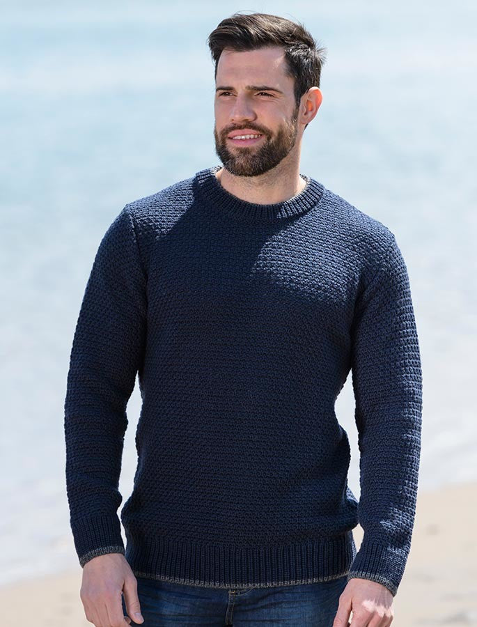 Merino Textured Crew Neck Sweater - Navy #color_navy
