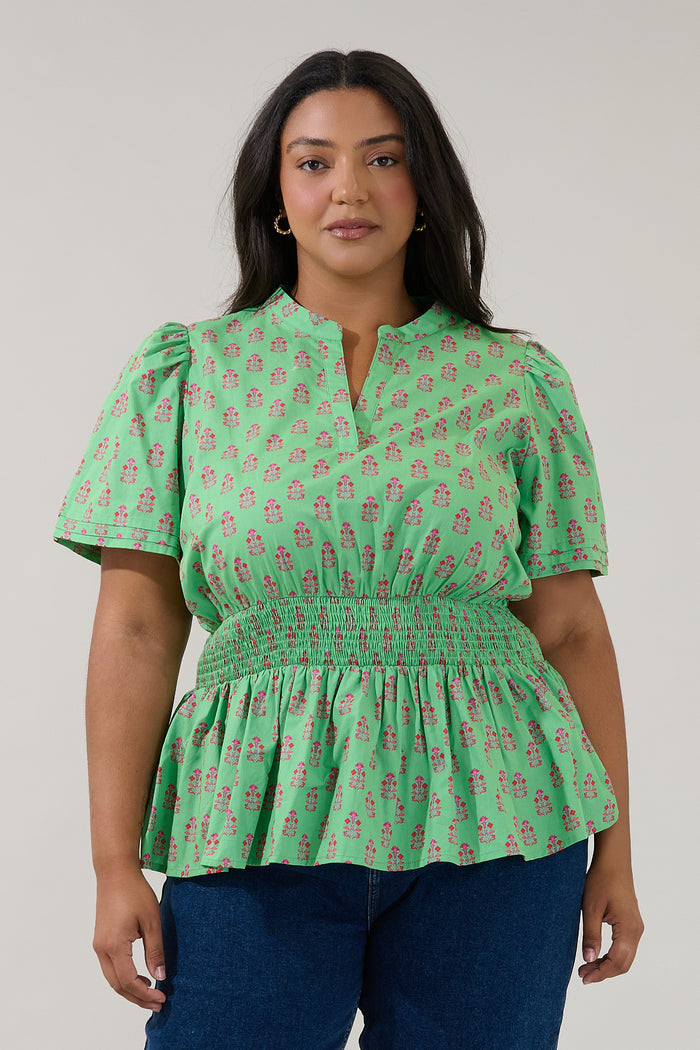 Milen Smocked Peplum Top Raidy Floral Curve