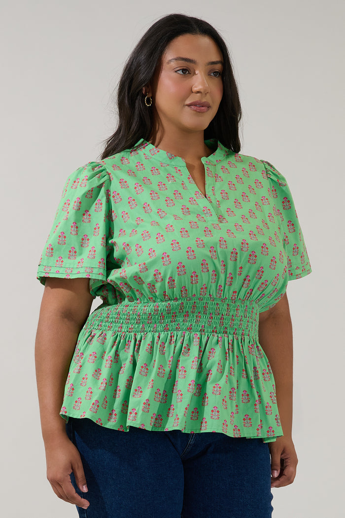 Milen Smocked Peplum Top Raidy Floral Curve