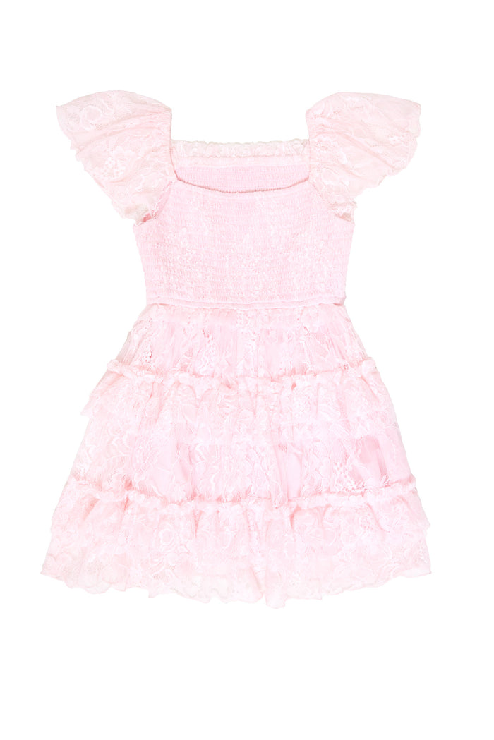 pink lace dress against a white background