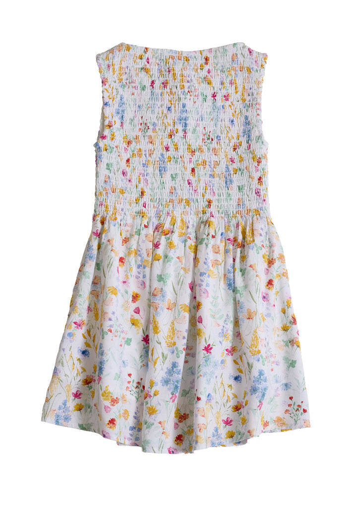Sleeveless and knee-length, the Mini Ana Dress in Floral Fields by Ivy City Co features a smocked bodice and flared skirt with a colorful floral print on a white background.