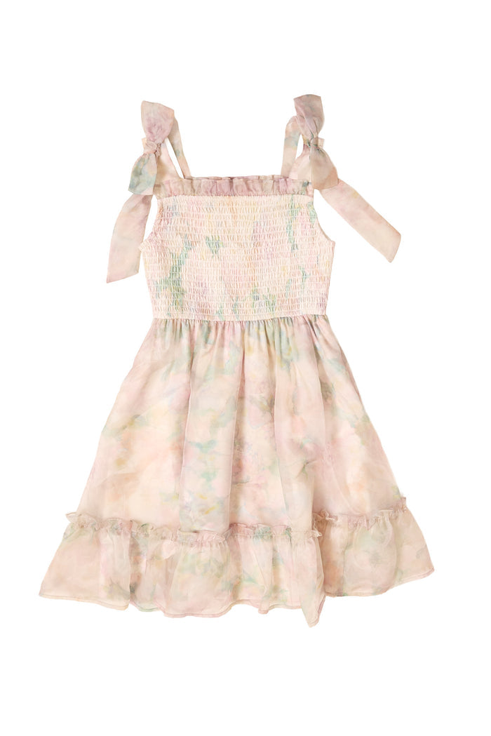 The Mini Rhiannon Dress in Painted Bloom by Ivy City Co is a light pink floral organza girls dress with a smocked bodice, ruffled hem, and bow-tied shoulder straps—ideal for special occasions.