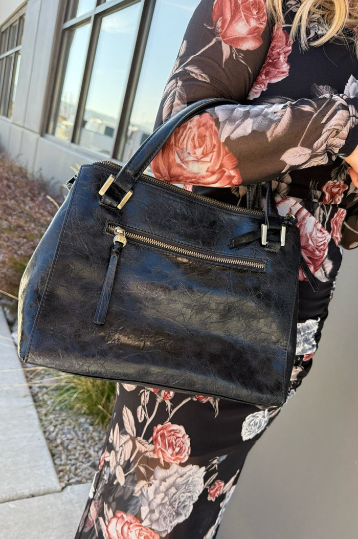 black leather satchel bag