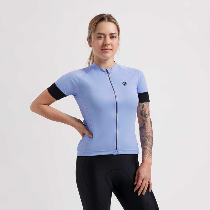 Rogelli Modesta fietsshirt dames lila korte mouw gedragen voorkant.
