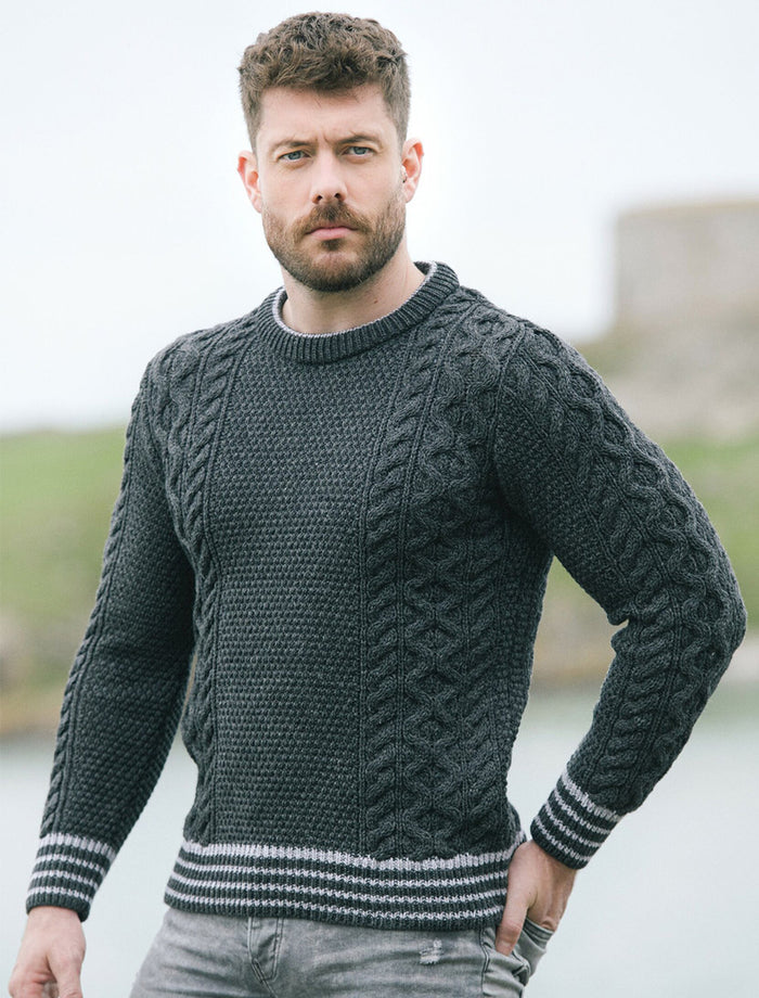 Moss & Cable Knit Crew Neck Aran Wool Sweater - Charcoal #color_charcoal