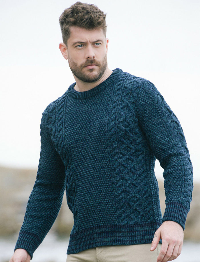 Moss & Cable Knit Crew Neck Aran Wool Sweater - Sherwood #color_sherwood