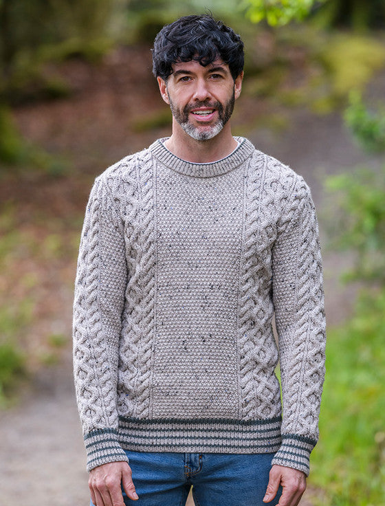 Moss & Cable Knit Crew Neck Aran Wool Sweater - Oatmeal Nep #color_oatmeal