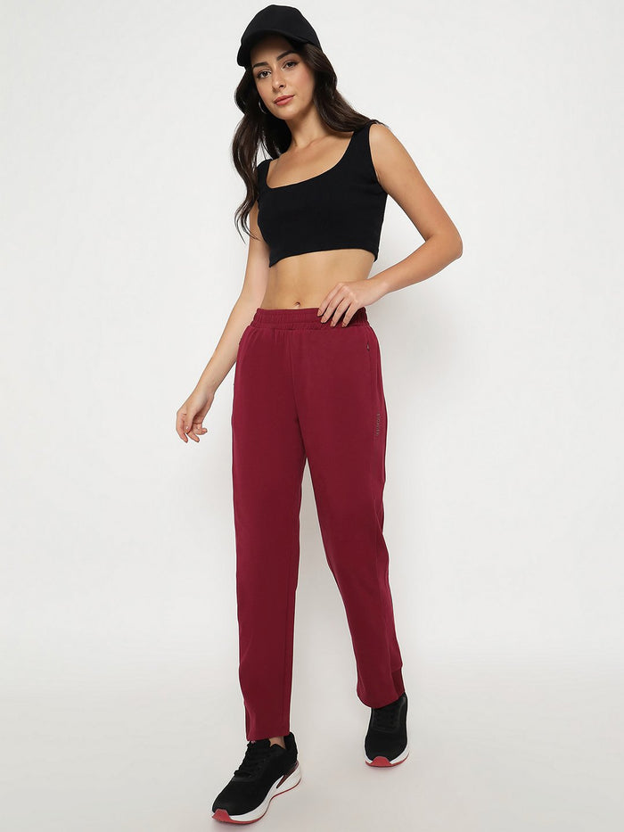 mSECRET Straight Fit Wine Red Cotton Blend Track Bottom