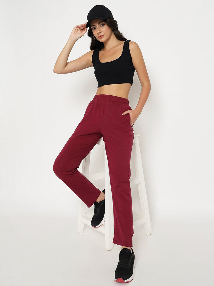 mSECRET Straight Fit Wine Red Cotton Blend Track Bottom