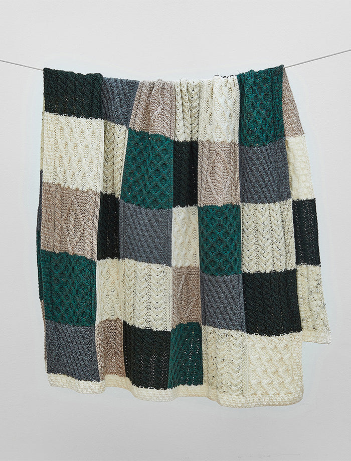 Multi-Tone Aran Patchwork Throw - White, Grey & Green #color_white-grey-green