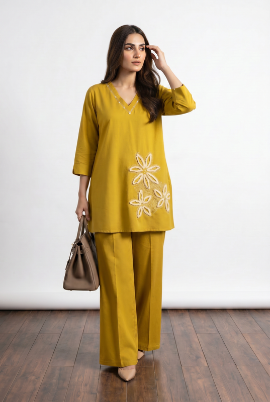 Mustard Floral Embroidery V-Neck Cotton Flex Co-ord Set